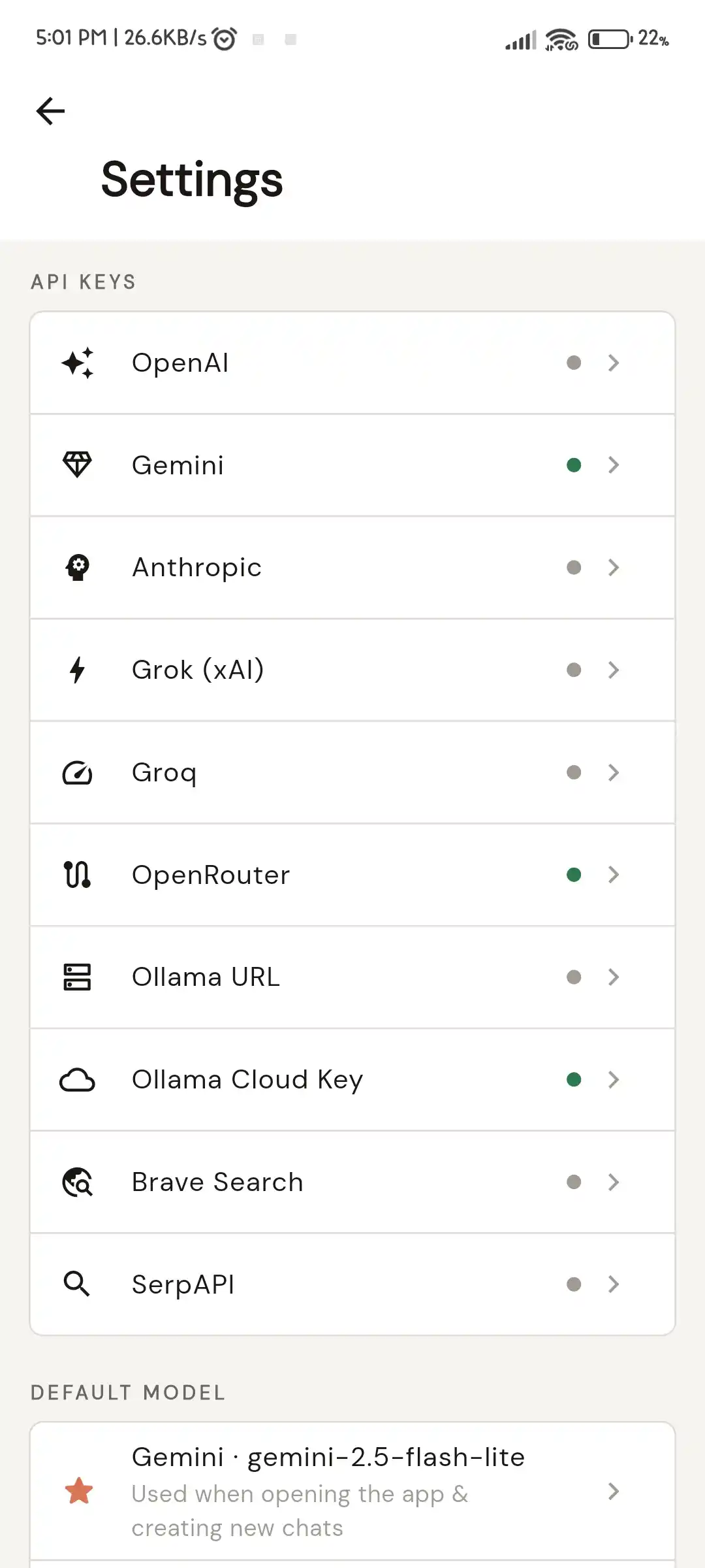 AnyLLM provider selection screenshot